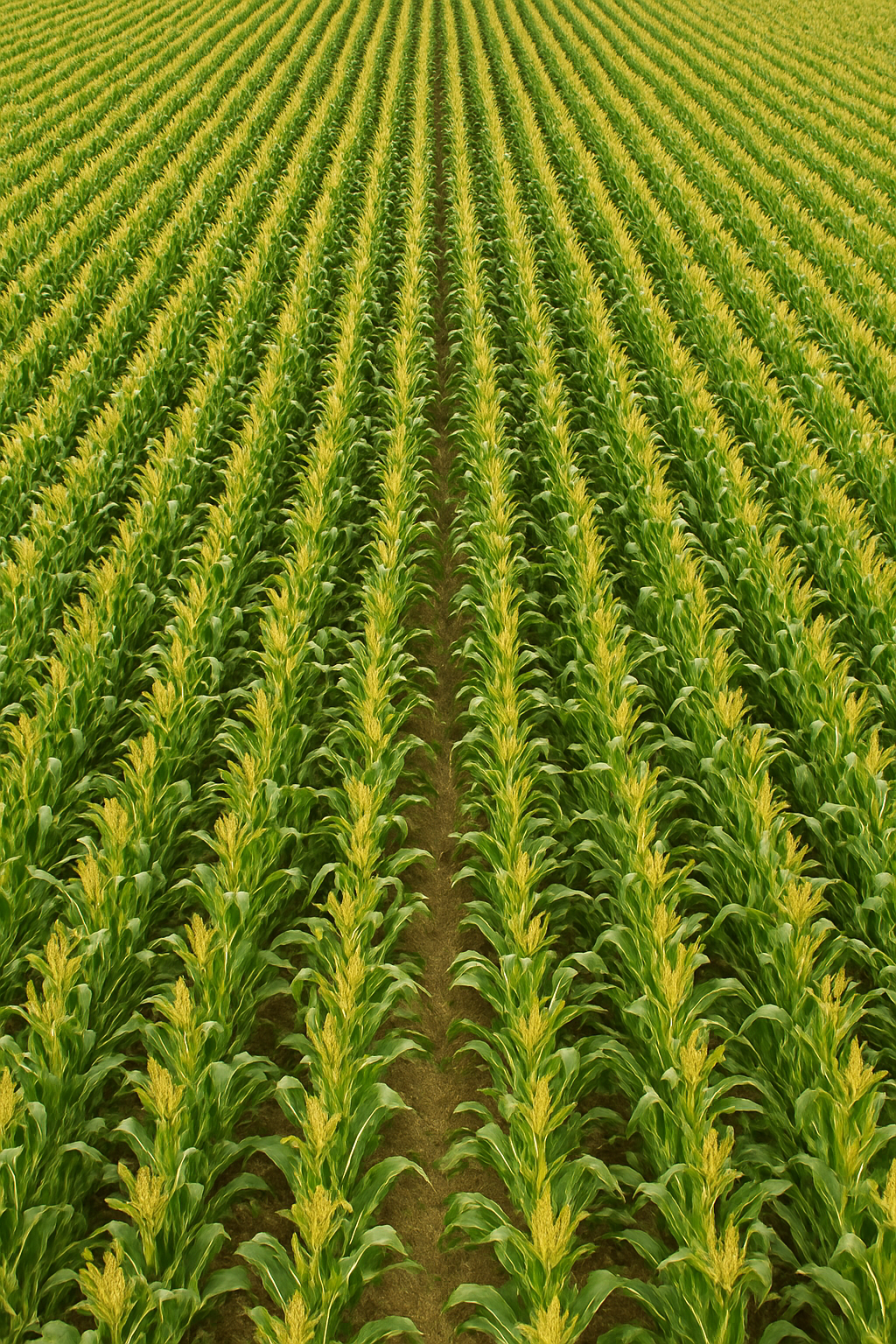 A green, lush field of crops with a clean sky