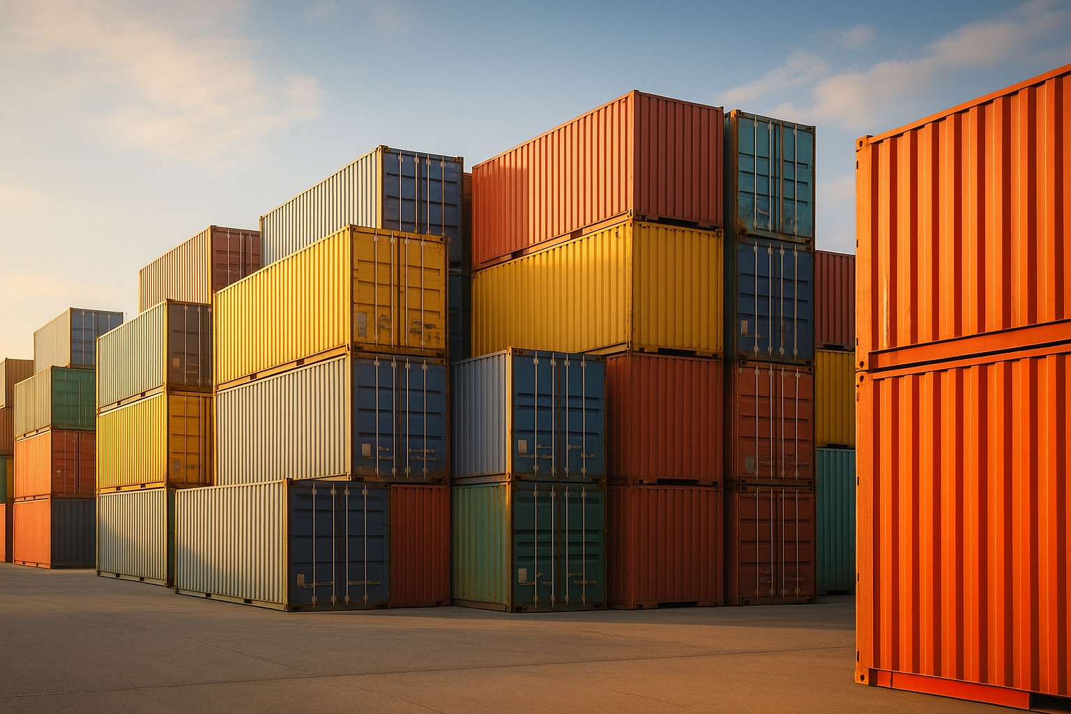 A container ship at a busy port, symbolizing global trade