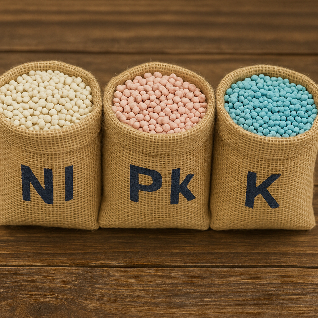 Fertilizer pellets with red, blue, and black granules