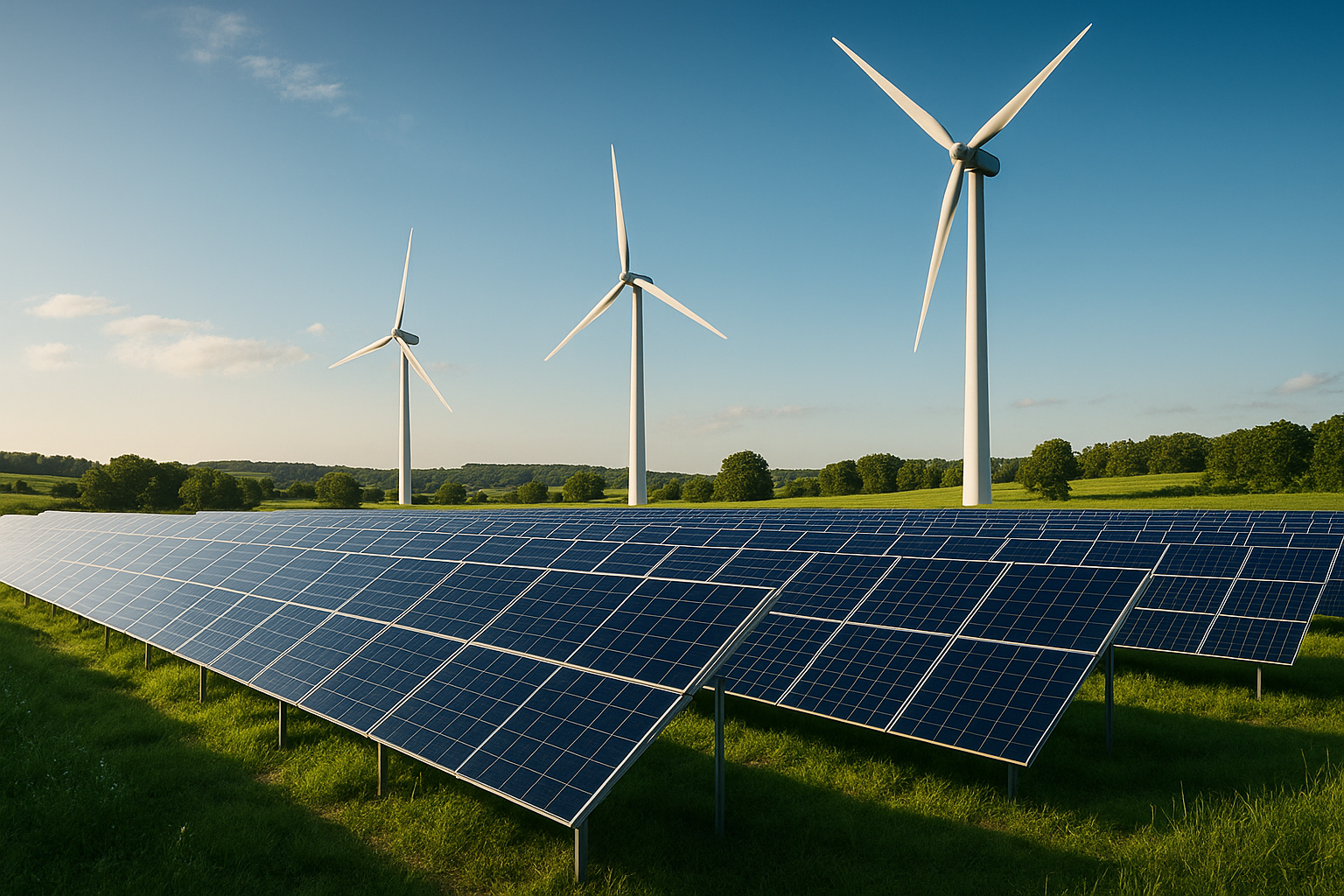 A wind farm at sunset with a dramatic sky